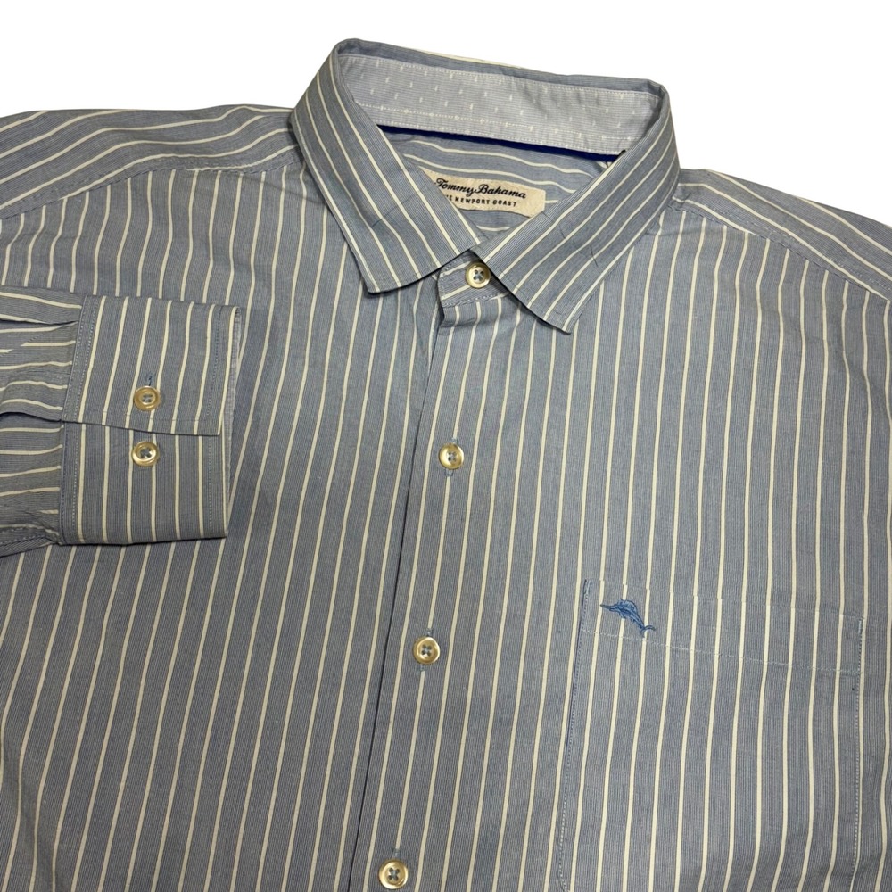 Tommy Bahama The Newport Coast Mens Blue White Stripe Button Down Shirt L G